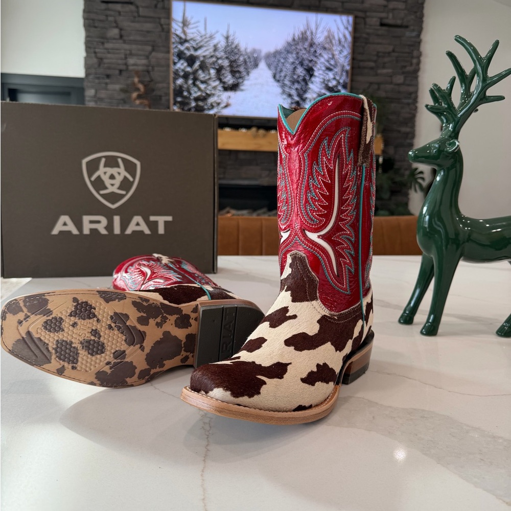Ariat Brown and White Cowhide Leather Heeled Boots with Turquoise Lining - Picture 11 of 14